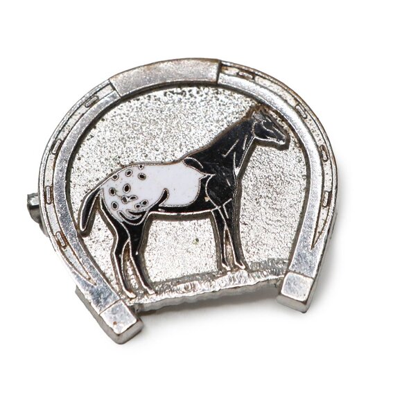 Vintage Appaloosa Horse Horseshoe Enamel Pin Badge Silver Metal Brooch Western - Picture 6 of 6